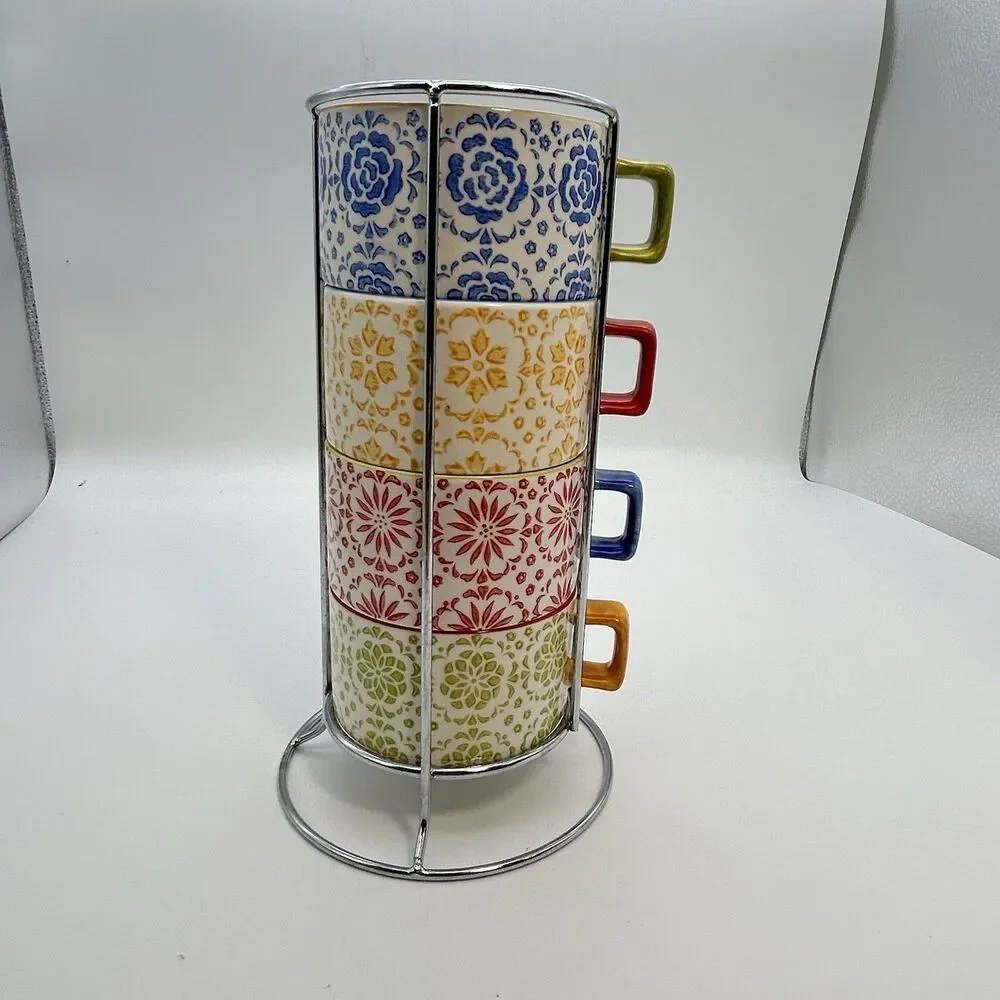 Pier 1 Imports Stackable Stoneware Mugs Set of 4 w/ Metal Stand Coffee  Cup